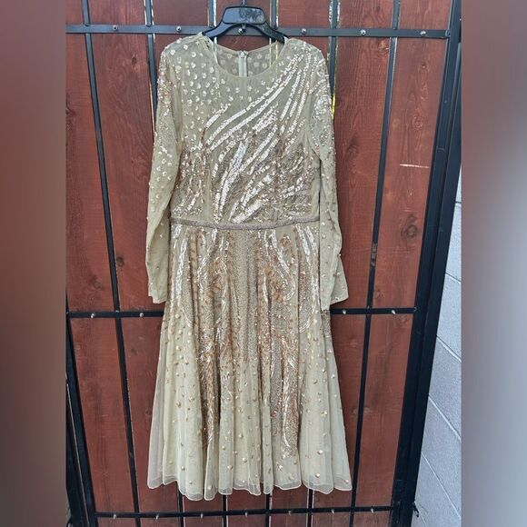 Mac Duggal EMBELLISHED ILLUSION HIGH NECK LONG SLEEVE DRESS 5572 Size 14 Latte - Picture 2 of 10